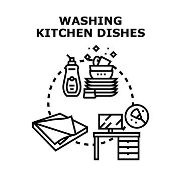 Dishwashing process concept with kitchen utensils and cleaning supplies Stock Illustration