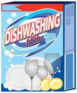 Dishwashing Tablets Packaging with Clean Plates and Glasses 스톡 일러스트