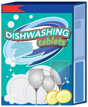 Dishwashing Tablets Packaging with Clean Plates and Glasses Illustration Stock Illustration