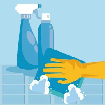 Disinfect and clean activity with splash bottles and hand using squeegee Stock Illustration