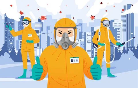Disinfectant officer wearing yellow hazmat suit thumbs up, spraying disinfect Stock Illustration