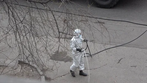 Disinfection of city streets Stock Footage 128194341