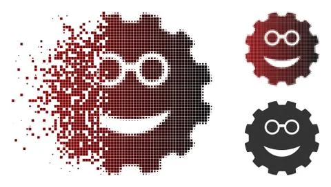 Disintegrating Dot Halftone Clever Smiley Gear Icon Stock Illustration