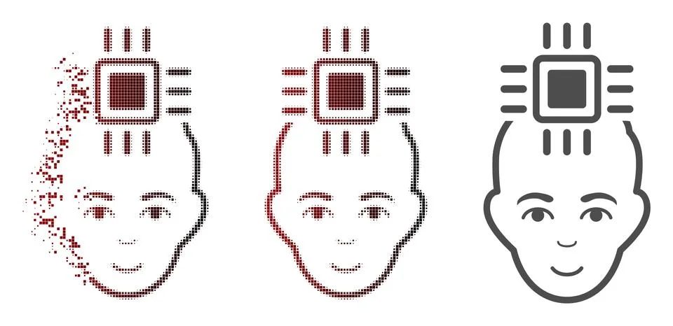 Disintegrating Dot Halftone Neuro Interface Icon with Face Illustrazione stock