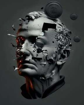Disintegrating head of a statue of a man with an explosion, unassembled fac.. Illustrazione stock