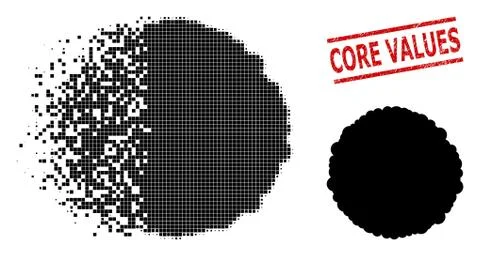 Disintegrating Pixel Core Icon and Grunge Core Values Seal Stamp Stock Illustration