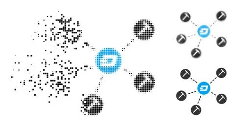 Disintegrating Pixelated Halftone Dash Mining Network Icon Stock Illustration