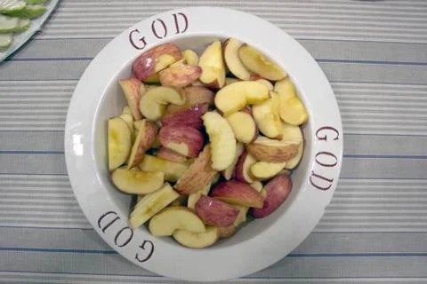 A disk of apple on the table Stock Photos