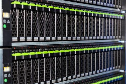 Disk arrays in a data center cabinet Stock Photos