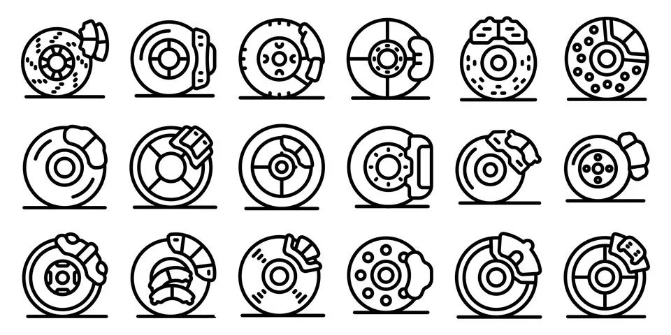 Disk brake icons set. Set of simple black and white icons representing differ Stock Illustration