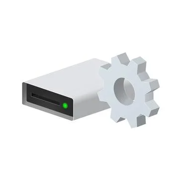 Disk drive for personal computer with gear icon Settings icon or instruction Stock Illustration