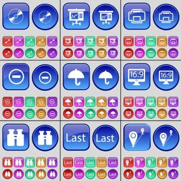 Disk, Graph, Printer, Minus, Umbrella, Monitor, Binoculars, Last, Route. A large Stock Illustration