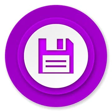 Disk icon, violet button, data sign. Stock Illustration