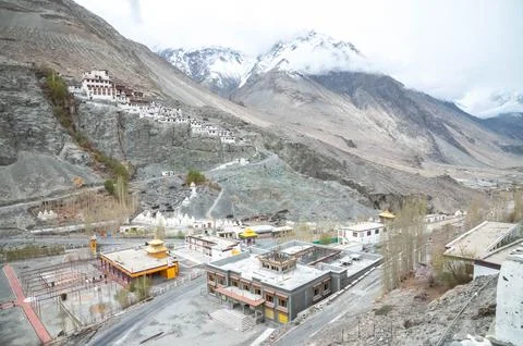 Diskit Monastery with Snow-Capped Peaks Stock Photos