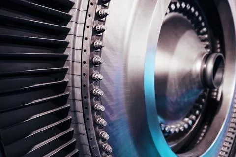 Disks with blades are a structural element of an aircraft turbine and a power Stock Photos