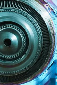 Disks with blades are a structural element of an aircraft turbine and a power Stock Photos