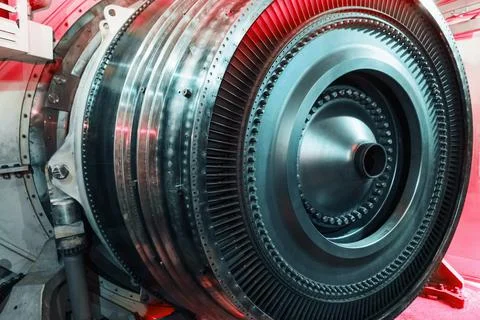 Disks with blades are a structural element of an aircraft turbine and a power Stock Photos