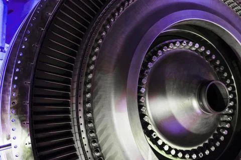 Disks with blades are a structural element of an aircraft turbine and a power Stock Photos