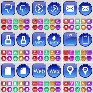 Dislike, Arrow right, Message, Eight, Party, Survey, File, Web, Checkpoint. A la Stock Illustration