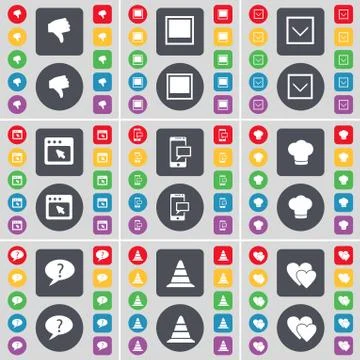Dislike, Window, Arrow down, Window, SMS, Cooking hat, Chat bubble, Cone, Heart Stock Illustration