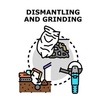 Dismantling and grinding process with construction equipment Illustrazione stock