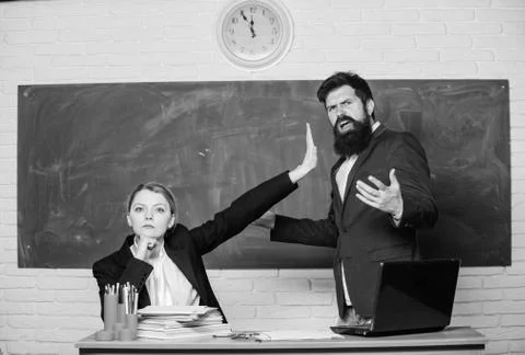 Dismissed objection. School teacher and parent. Stop talking to me. Criticism Stock Photos