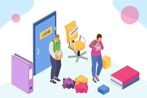 Dismissed worker, isometric vector illustration. Unemployed, fired man character Illustrazione stock