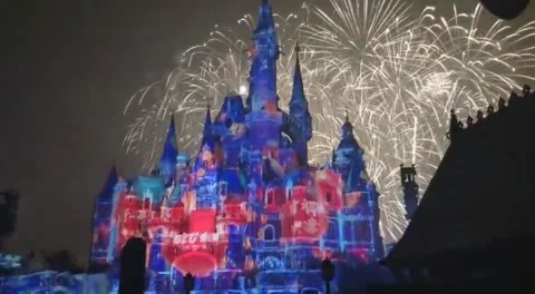 Disneyland chinese new year firework in 2020,Shanghai,China Stock Footage