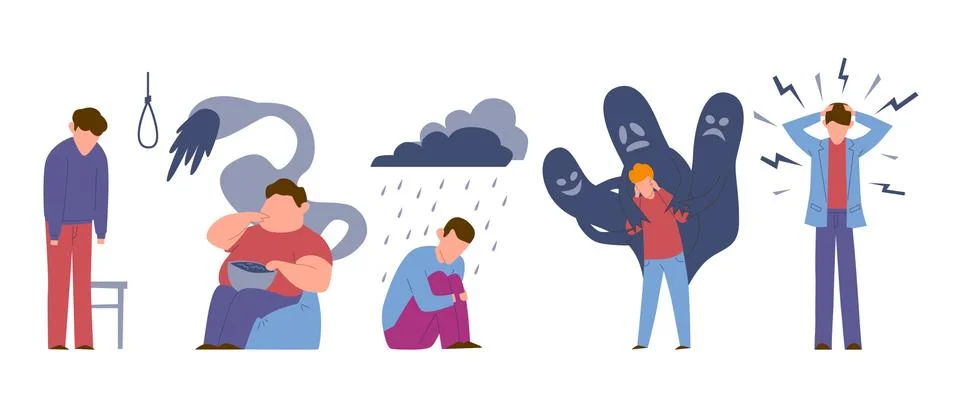 Disorder problems. Sad mental ill young people with addictive personality Stock Illustration