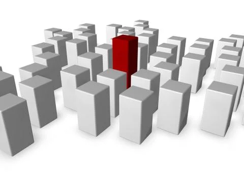 Disorder of white cubes and one in red - 3d illustration Illustrazione stock