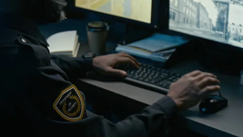 Dispatcher at Police Command Center Focus on Hands Typing on Keyboard Stock Footage 330606176