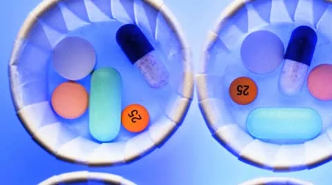 Dispensing cups containing groups of pills for patients Stock Footage 20544836