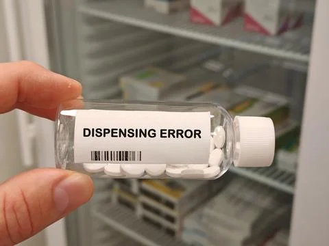 DISPENSING ERROR medication safety topic for errors misuse adverse effects and Stock Photos