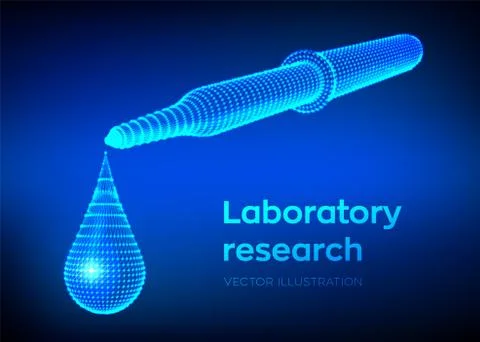 Dispensing pipette with emerging drop. Laboratory research. Wireframe medical Stock Illustration