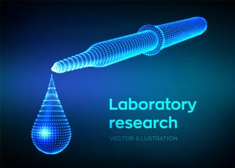 Dispensing pipette with emerging drop. Laboratory research. Wireframe medical Stock Illustration