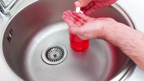 Dispensing Red Soap Over Sink- Clean Hands Hygiene Close-Up Stock Footage 317602573