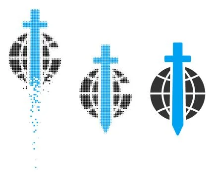 Dispersed Pixelated Halftone Sword Globe Icon Stock Illustration