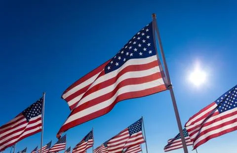 A display of american flags with a sky background Stock Photos