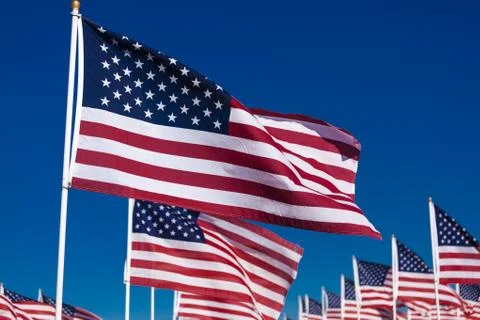 A display of American flags with a sky background Stock Photos