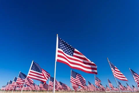 A display of American flags with a sky background Stock Photos