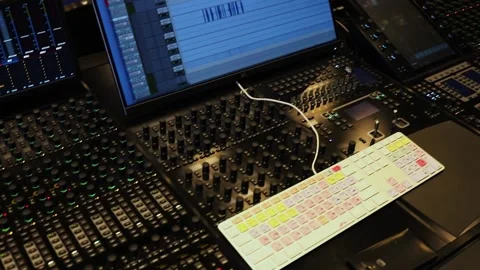 Display among many knobs and buttons in sound studio of Mosfilm movie company 스톡 동영상 276374289