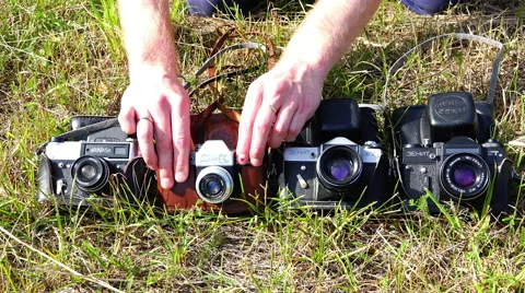 Display and demonstration of professional old camera "Zenit3M" legendary firm Stock Footage 68083756