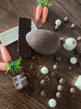 Display of assorted chocolates for Easter Stock Photos