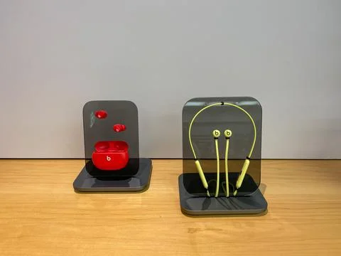 A display of Beats Studio Buds and Beats Flex Headphone at an Apple Store in  写真素材