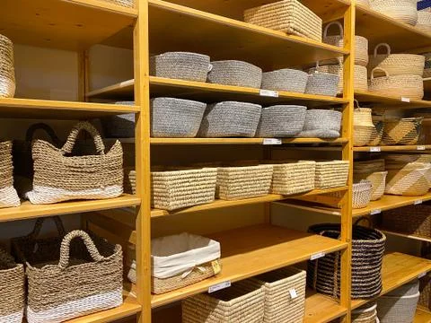A display of beautiful baskets at The Container Store retail organizing store Stock Photos
