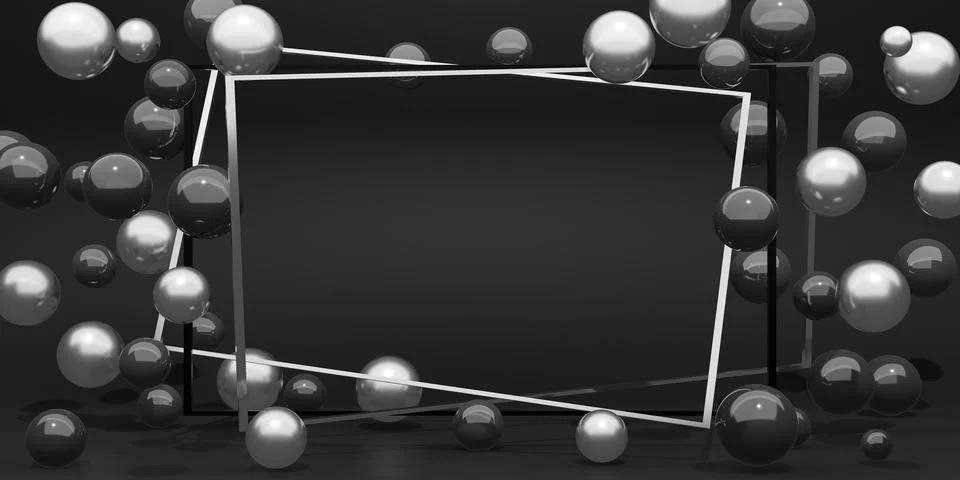 Display boxes and text boxes surrounded by glass beads pearls dark tones 3d.. Stock Illustration