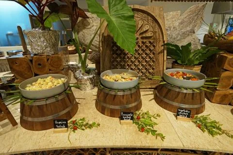 Display Buffet bar station of assorted salad Stock Photos