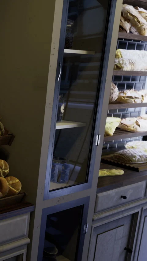 Display cabinet with bread and pastries in a bakery at morning hours Stock Footage 342443368