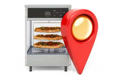 Display cabinet with pizza with map pointer, 3D rendering Stock Illustration