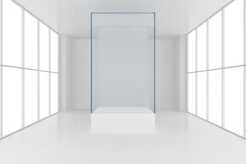 Display case. 3d render showcase in white room with windows Stock Illustration